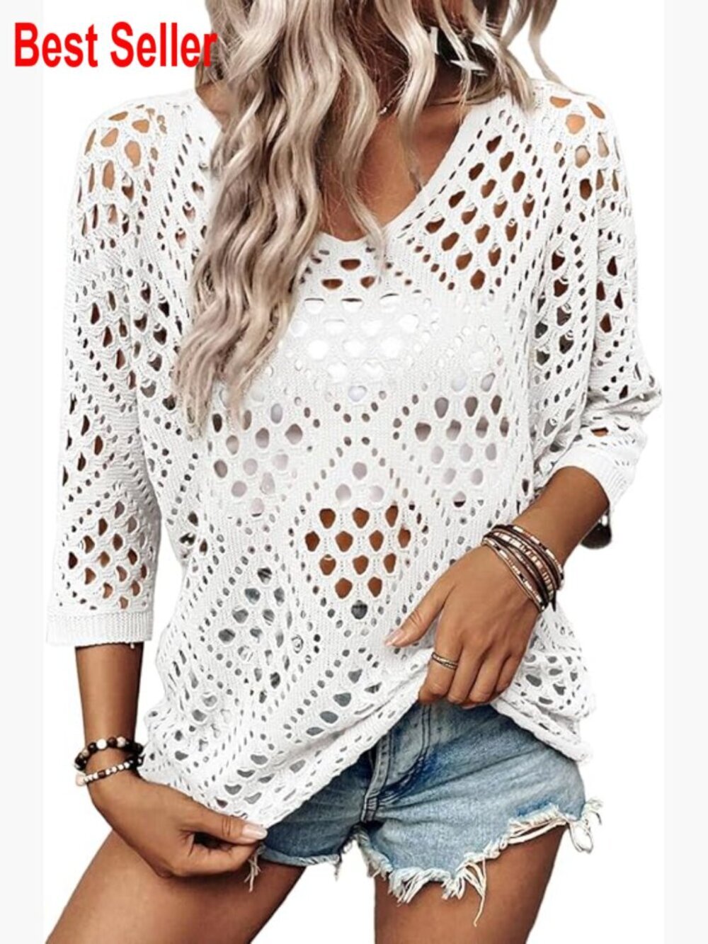 Crochet Hollow Out V-Neck 3/4 Sleeve Pullover Sweater Top Beach Cover Up